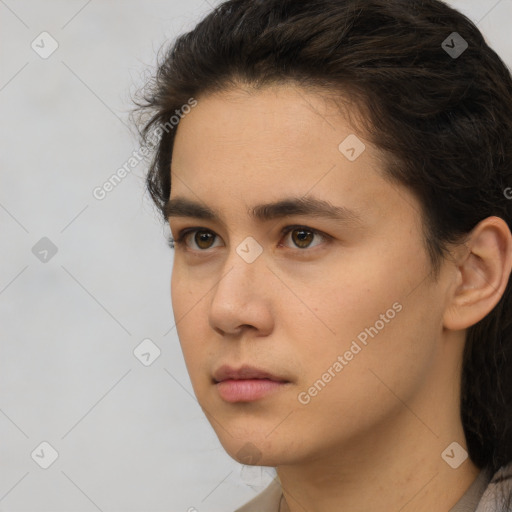 Neutral white young-adult female with short  brown hair and brown eyes