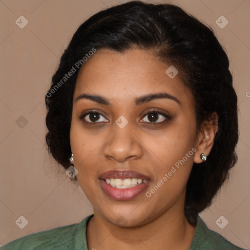 Joyful black young-adult female with medium  brown hair and brown eyes