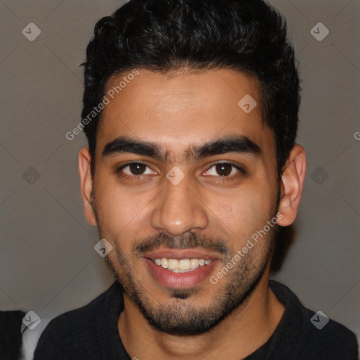 Joyful latino young-adult male with short  black hair and brown eyes