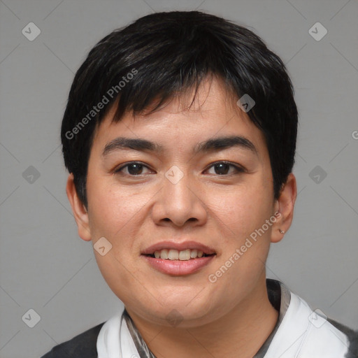 Joyful asian young-adult male with short  black hair and brown eyes