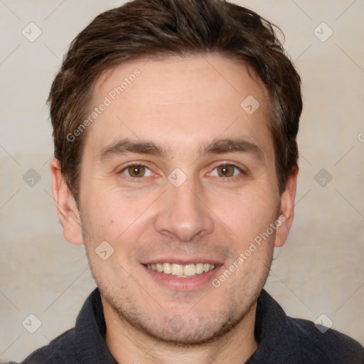 Joyful white adult male with short  brown hair and brown eyes