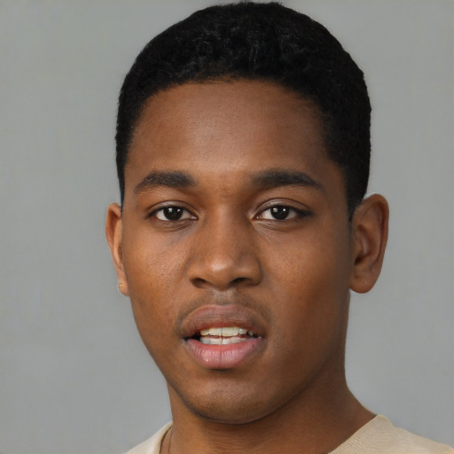 Neutral black young-adult male with short  black hair and brown eyes