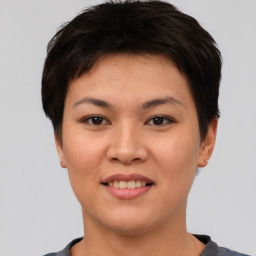 Joyful asian young-adult female with short  brown hair and brown eyes