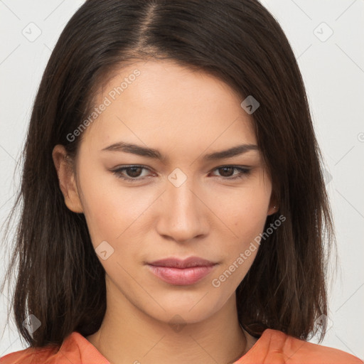 Neutral white young-adult female with medium  brown hair and brown eyes