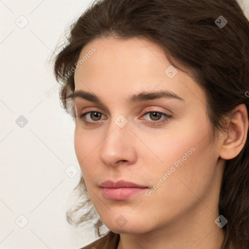 Neutral white young-adult female with medium  brown hair and brown eyes