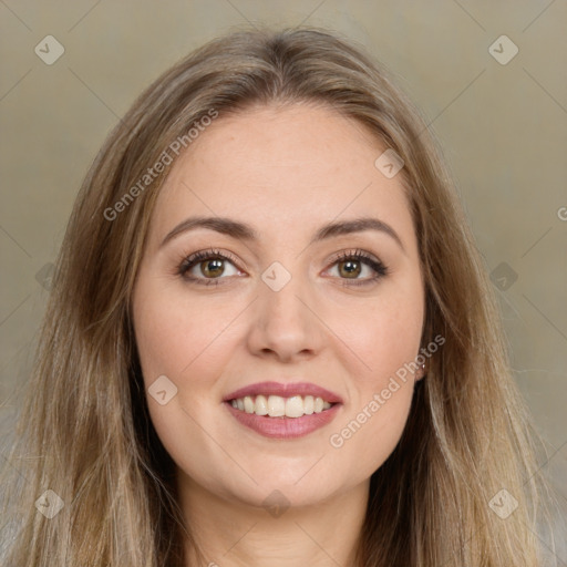 Joyful white young-adult female with long  brown hair and green eyes