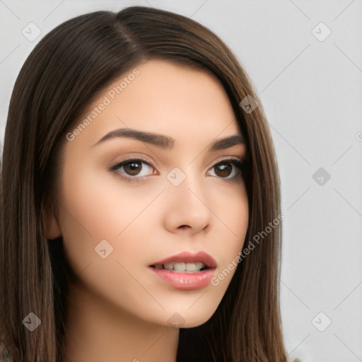 Neutral white young-adult female with long  brown hair and brown eyes