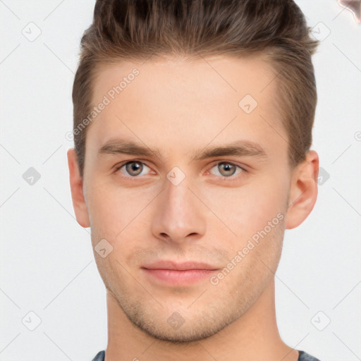 Neutral white young-adult male with short  brown hair and brown eyes