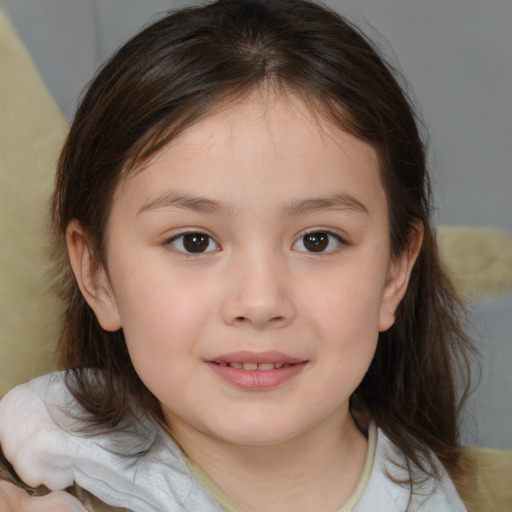 Joyful white child female with medium  brown hair and brown eyes