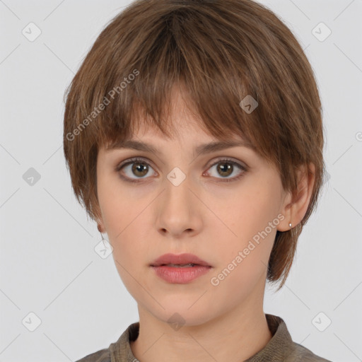 Neutral white young-adult female with medium  brown hair and brown eyes