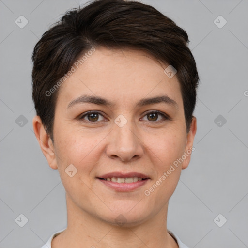 Joyful white young-adult female with short  brown hair and brown eyes