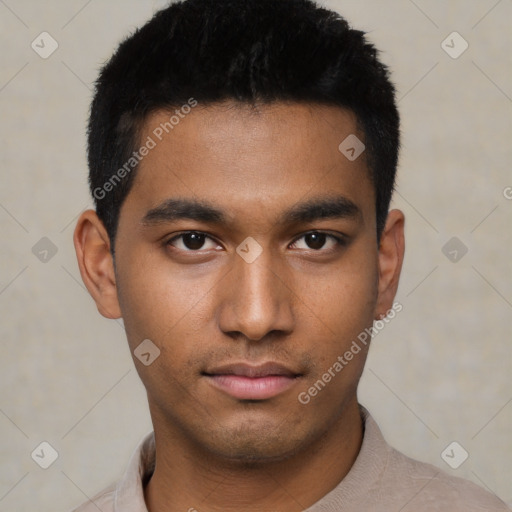 Neutral asian young-adult male with short  black hair and brown eyes