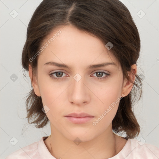 Neutral white young-adult female with medium  brown hair and brown eyes