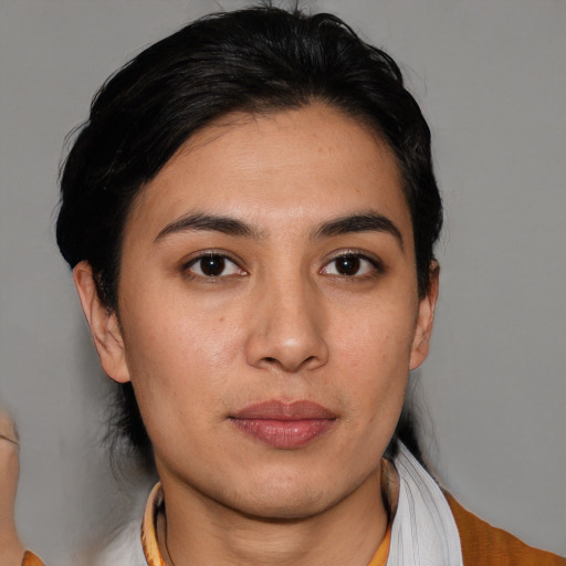 Neutral asian young-adult female with short  brown hair and brown eyes