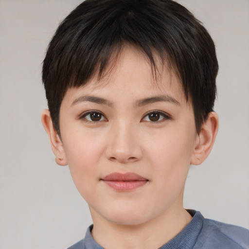 Joyful asian young-adult female with short  brown hair and brown eyes