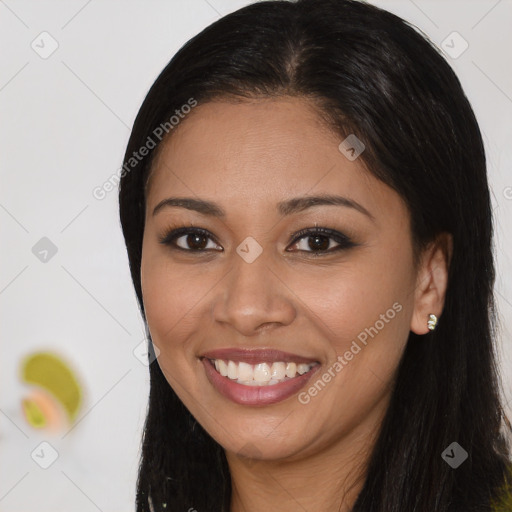 Joyful latino young-adult female with long  brown hair and brown eyes