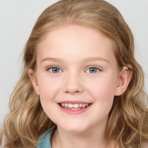 Joyful white child female with medium  brown hair and blue eyes