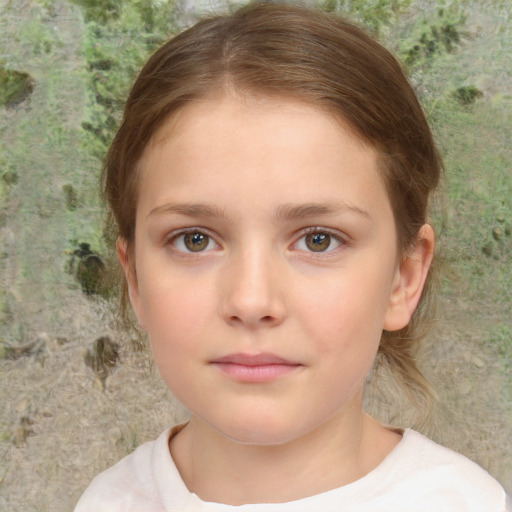 Neutral white child female with medium  brown hair and grey eyes