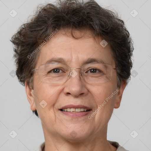 Joyful white middle-aged male with short  brown hair and brown eyes