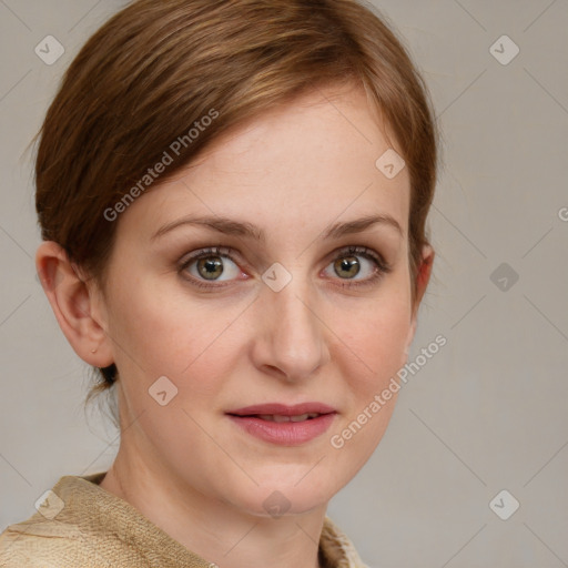 Joyful white young-adult female with medium  brown hair and blue eyes