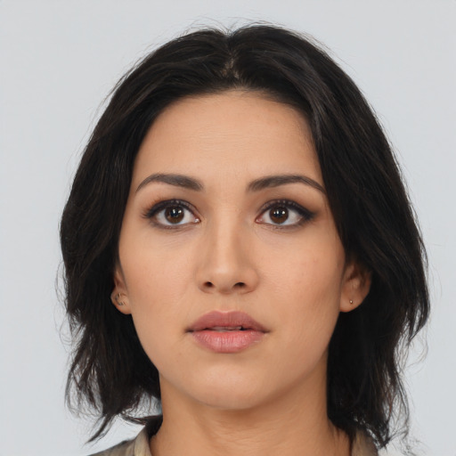 Neutral asian young-adult female with medium  black hair and brown eyes