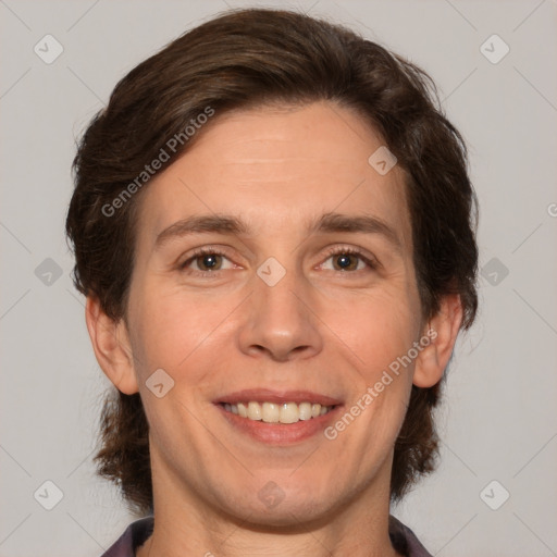 Joyful white adult female with medium  brown hair and brown eyes