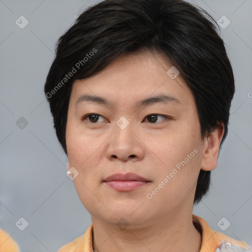Joyful asian young-adult female with short  brown hair and brown eyes