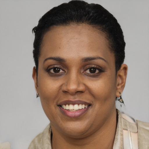 Joyful black young-adult female with short  black hair and brown eyes