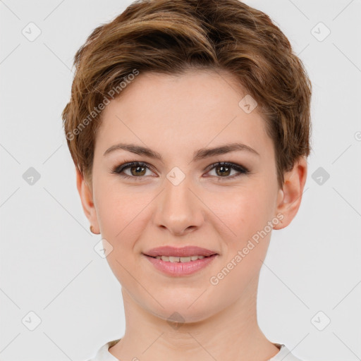 Joyful white young-adult female with short  brown hair and brown eyes