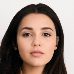 Neutral asian young-adult female with long  black hair and brown eyes