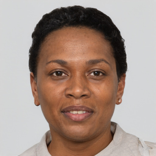 Joyful black adult female with short  black hair and brown eyes