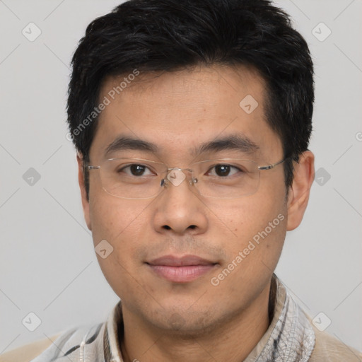 Joyful asian young-adult male with short  brown hair and brown eyes