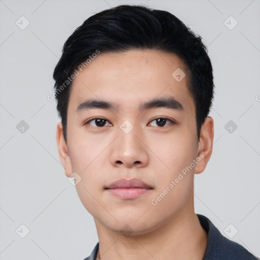 Neutral asian young-adult male with short  black hair and brown eyes