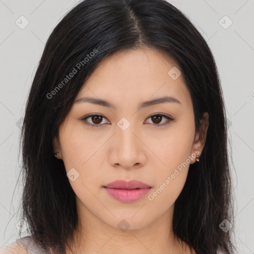 Neutral asian young-adult female with long  brown hair and brown eyes