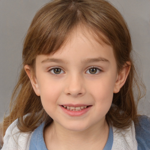 Joyful white child female with medium  brown hair and brown eyes