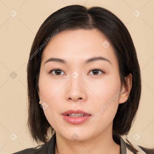 Neutral asian young-adult female with medium  brown hair and brown eyes