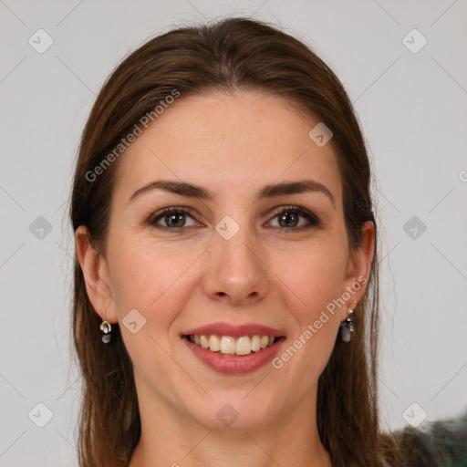 Joyful white young-adult female with long  brown hair and grey eyes