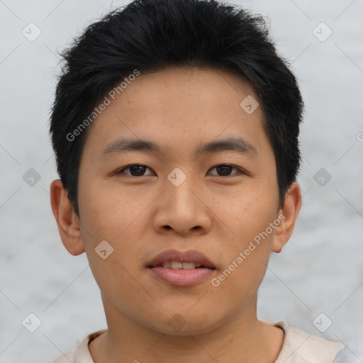 Neutral asian young-adult male with short  brown hair and brown eyes