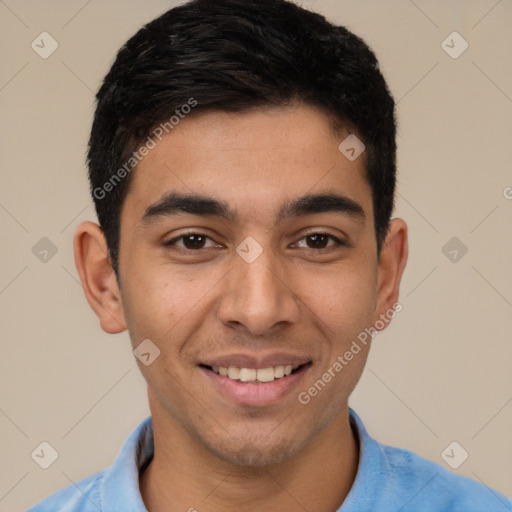 Joyful white young-adult male with short  black hair and brown eyes