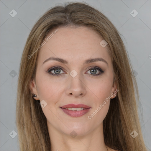 Joyful white young-adult female with long  brown hair and grey eyes