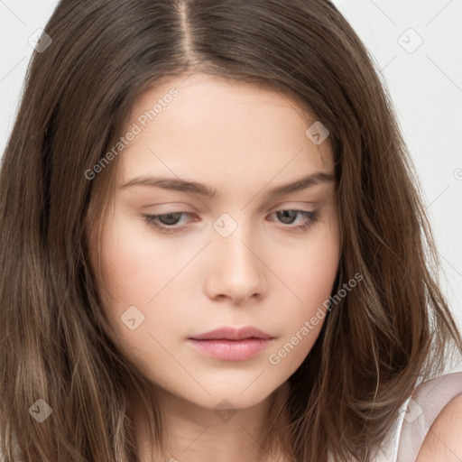 Neutral white young-adult female with long  brown hair and brown eyes