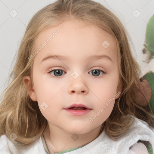 Neutral white child female with medium  brown hair and blue eyes