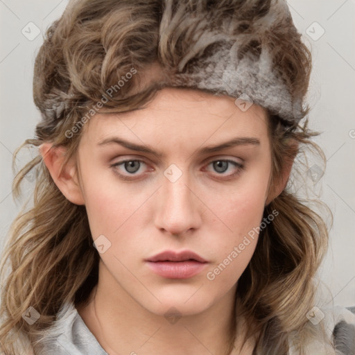 Neutral white young-adult female with medium  brown hair and grey eyes