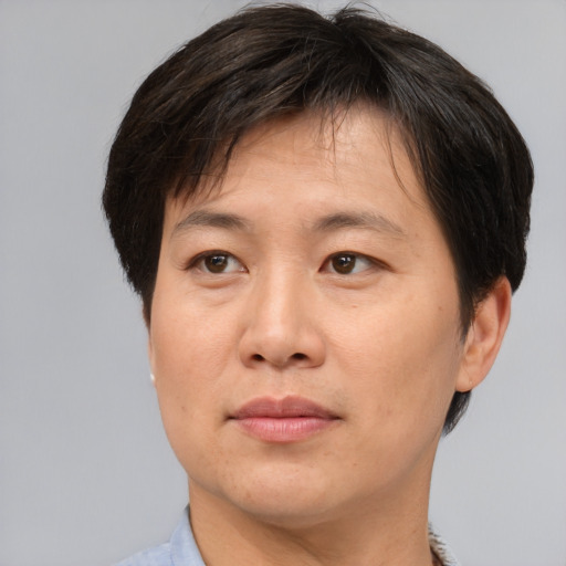 Joyful asian adult male with short  brown hair and brown eyes