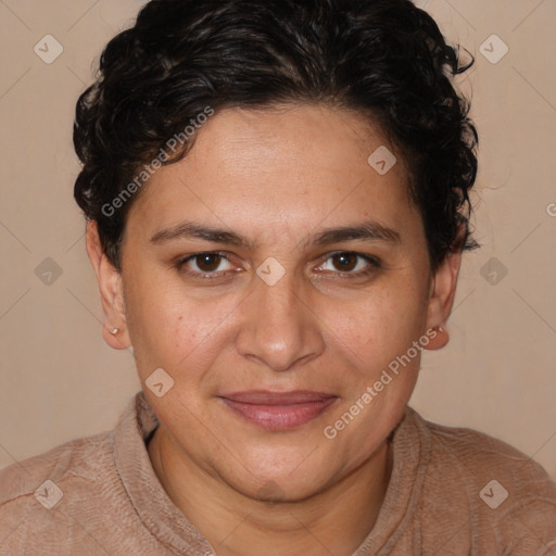 Joyful white adult female with short  brown hair and brown eyes