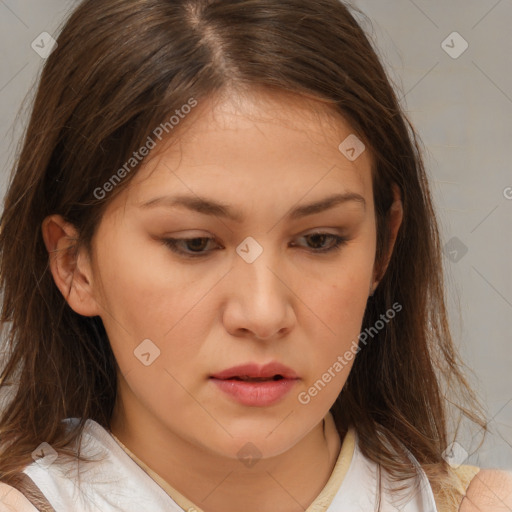 Neutral white young-adult female with medium  brown hair and brown eyes