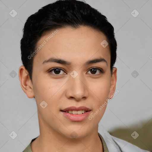 Joyful latino young-adult female with short  brown hair and brown eyes