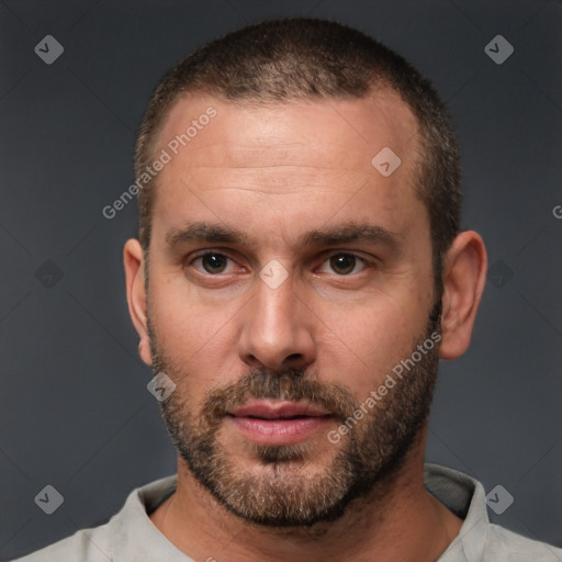 Neutral white adult male with short  brown hair and brown eyes