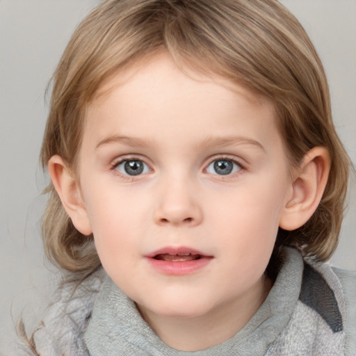 Neutral white child female with medium  brown hair and blue eyes