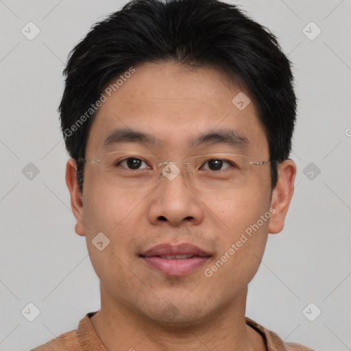 Neutral asian young-adult male with short  brown hair and brown eyes